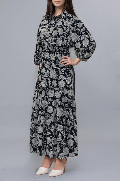 Midnight navy damask print maxi dress by Kate and Lily, featuring elegant floral pattern and flowing fabric.