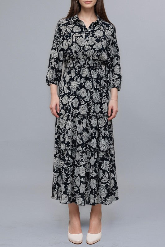 Midnight navy damask print maxi dress by Kate and Lily, flowing elegant dress with intricate pattern and sleeveless design.