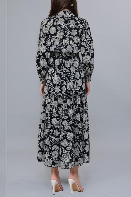 Midnight navy damask print maxi dress by Kate and Lily, flowing dress with elegant pattern and sleeveless design.