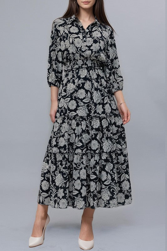 Midnight navy damask print maxi dress by Kate and Lily, flowing dress with elegant pattern and sleeveless design.