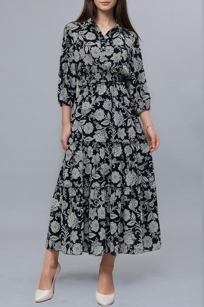 Midnight navy damask print maxi dress by Kate and Lily, flowing dress with elegant pattern and sleeveless design.