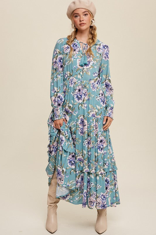 Listicle floral print maxi dress with tie-front design, sleeveless style, flowing fabric, perfect for summer or casual occasions.