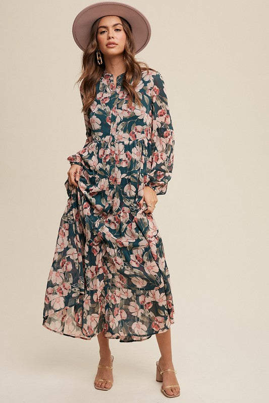 Floral flowy long sleeve button-down maxi dress by Listicle featuring a vibrant floral pattern and elegant, relaxed fit.