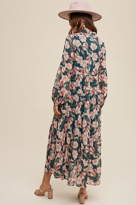 Floral flowy long sleeve button-down maxi dress by Listicle featuring a relaxed fit and elegant floral pattern.