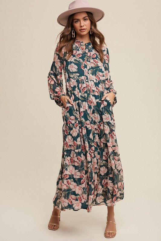 Floral flowy long sleeve button-down maxi dress by Listicle, featuring a vibrant floral pattern and elegant design.