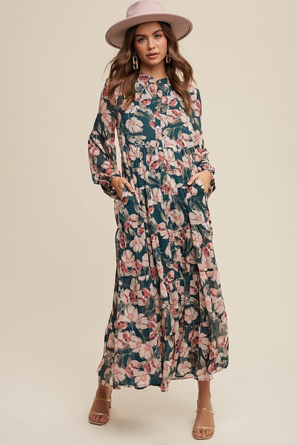 Floral flowy long sleeve button-down maxi dress by Listicle, featuring a vibrant floral pattern and elegant design.