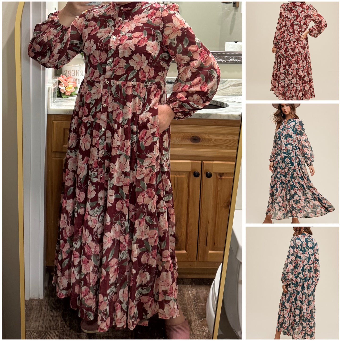 Floral flowy long sleeve button-down maxi dress by Listicle featuring a relaxed fit and vibrant floral pattern.