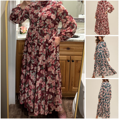 Floral flowy long sleeve button-down maxi dress by Listicle featuring a relaxed fit and vibrant floral pattern.