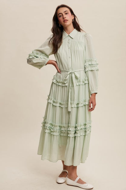 Luxurious mint frill maxi dress by Listicle, flowing fabric with ruffle details, sleeveless design perfect for elegant occasions.