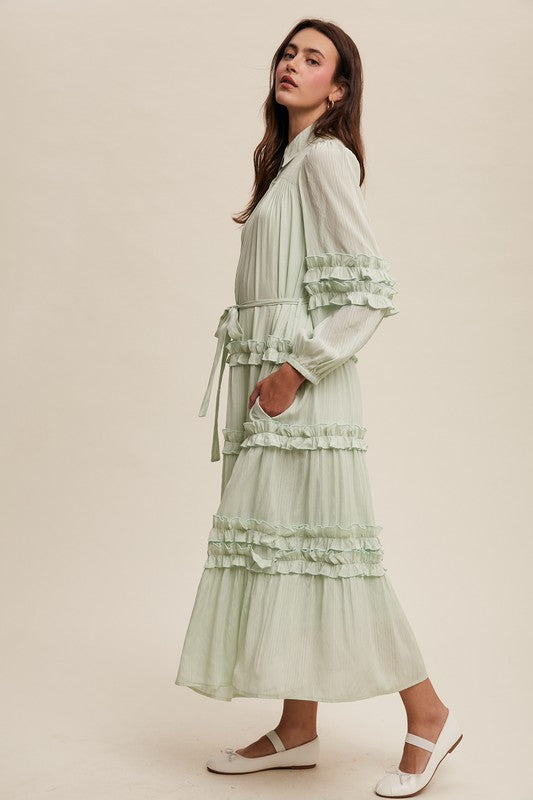 Luxurious mint frill maxi dress by Listicle featuring flowing fabric and elegant design, perfect for formal occasions.
