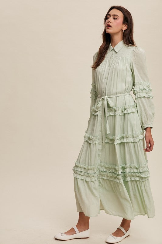 Luxurious mint frill maxi dress by Listicle featuring flowing fabric and elegant ruffle details for a stylish look.