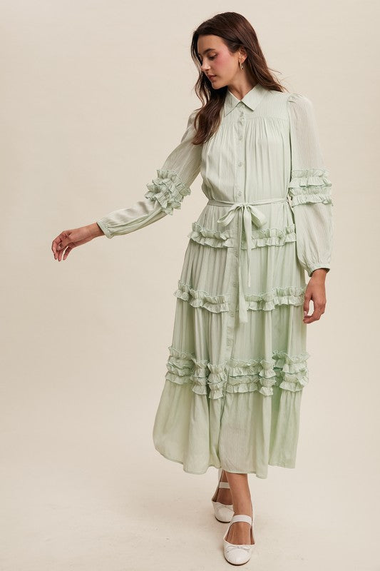 Luxurious mint frill maxi dress by Listicle, flowing fabric with ruffle details, perfect for elegant summer occasions.