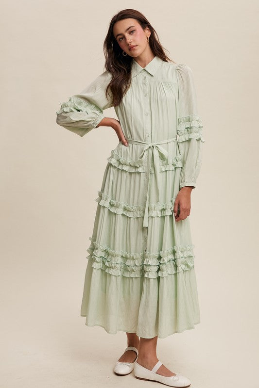 Luxurious mint frill maxi dress by Listicle featuring flowing fabric and elegant ruffle details, perfect for formal occasions.
