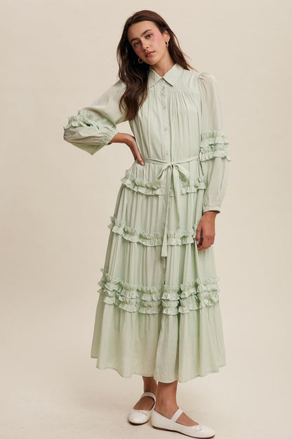 Luxurious mint frill maxi dress by Listicle featuring flowing fabric and elegant ruffle details, perfect for formal occasions.