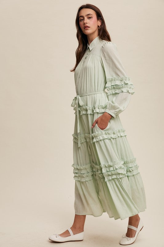 Luxurious mint frill maxi dress by Listicle featuring flowing fabric and elegant ruffle details for a stylish look.