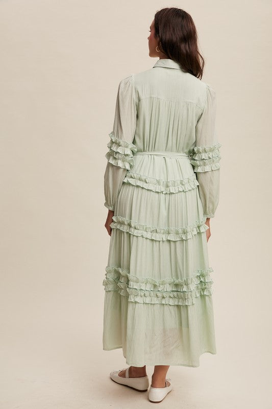 Luxurious mint frill maxi dress by Listicle featuring flowing fabric and elegant ruffle details, perfect for special occasions.