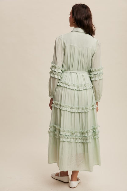 Luxurious mint frill maxi dress by Listicle featuring flowing fabric and elegant ruffle details, perfect for special occasions.