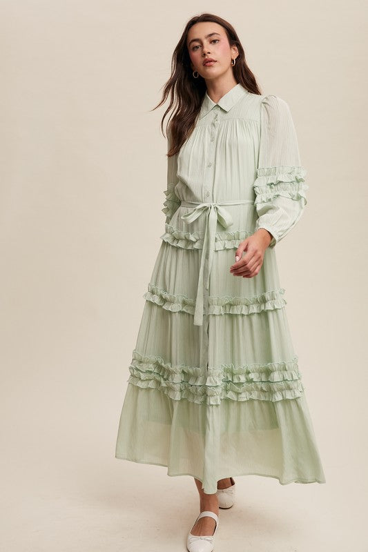 Luxurious mint frill maxi dress by Listicle featuring flowing fabric and elegant design for stylish occasions.