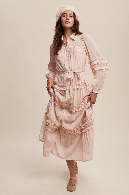 Luxurious pink blush frill maxi dress by Listicle featuring flowing fabric and elegant design for formal occasions.