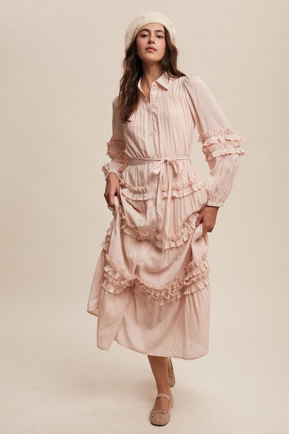 Luxurious pink blush frill maxi dress by Listicle featuring flowing fabric and elegant design for formal occasions.