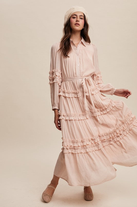 Luxurious pink blush frill maxi dress by Listicle featuring flowing fabric and elegant ruffle details, perfect for formal occasions.