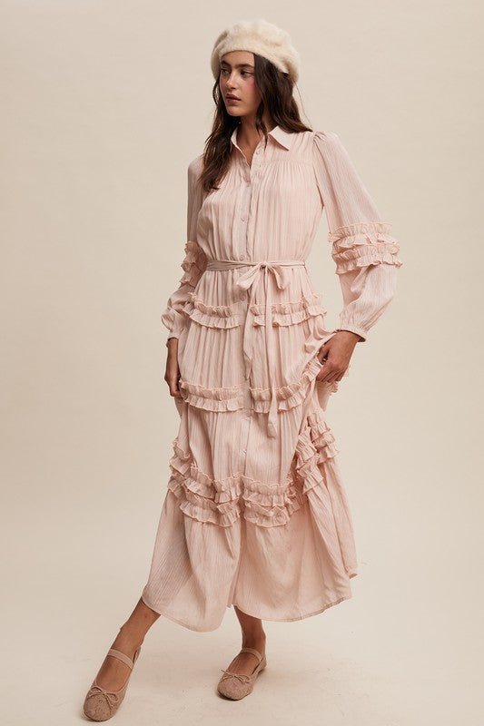 Luxurious pink blush frill maxi dress by Listicle featuring flowing fabric and elegant ruffle details, perfect for special occasions.