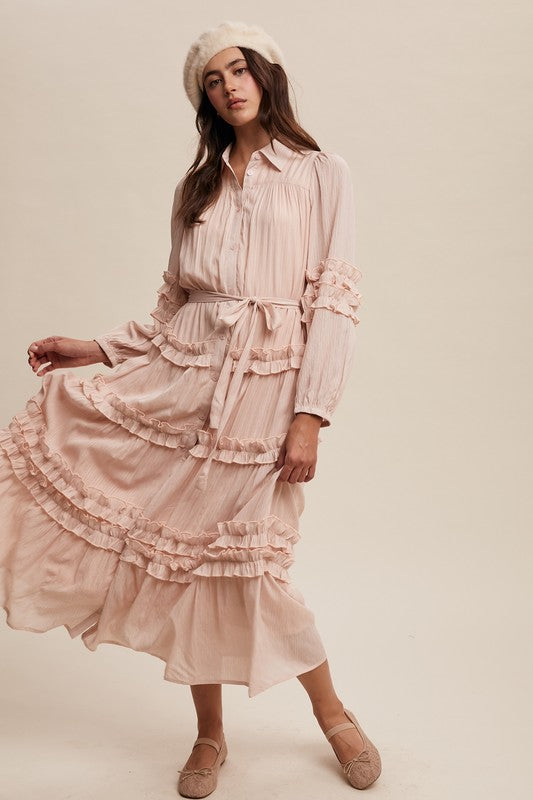 Luxurious pink blush frill maxi dress by Listicle featuring flowing fabric and elegant design, perfect for special occasions.