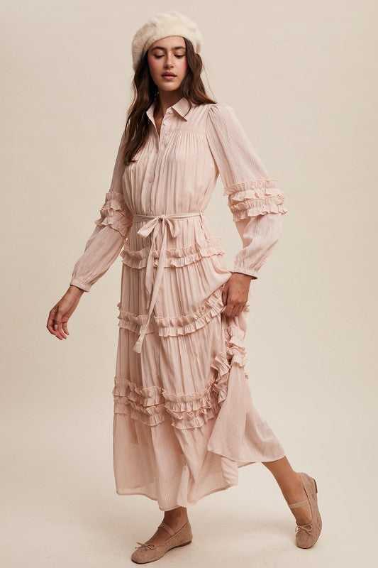 Luxurious pink blush frill maxi dress by Listicle featuring flowing fabric and elegant ruffle details for a stylish look.