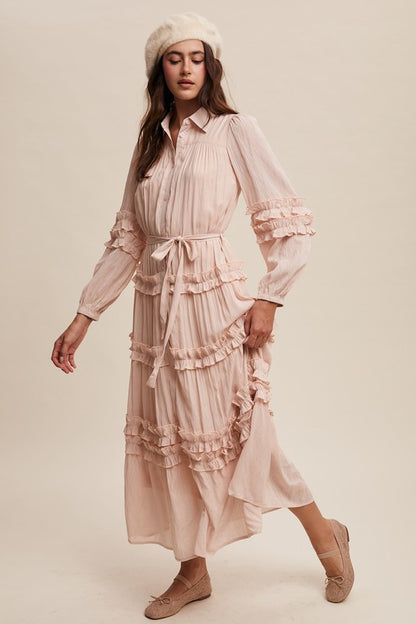 Luxurious pink blush frill maxi dress by Listicle featuring flowing fabric and elegant ruffle details for a stylish look.