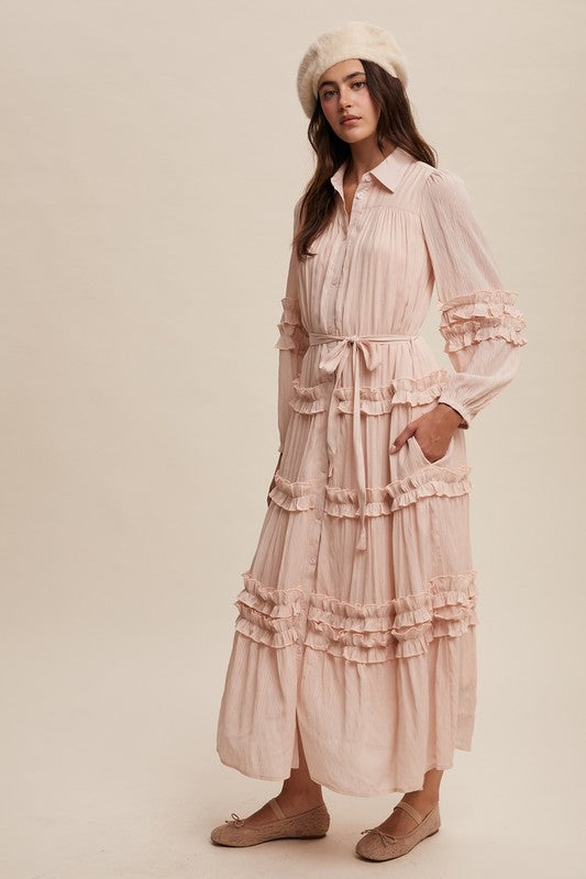 Luxurious pink blush frill maxi dress by Listicle featuring flowing fabric and elegant ruffle details for a stylish look.
