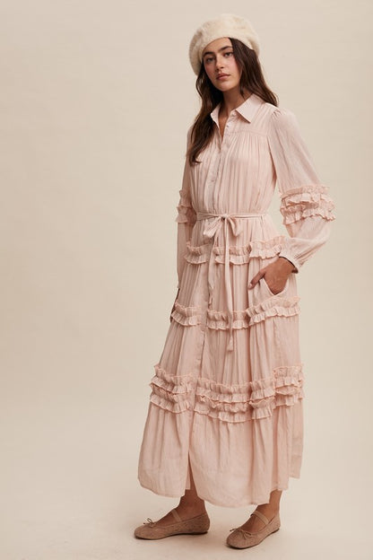 Luxurious pink blush frill maxi dress by Listicle featuring flowing fabric and elegant ruffle details for a stylish look.