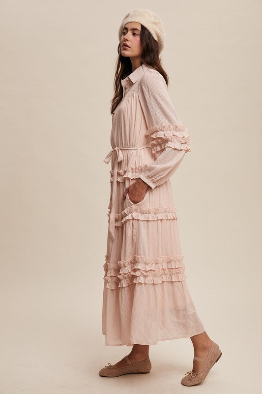 Luxurious pink blush frill maxi dress by Listicle, featuring flowing fabric and elegant design for special occasions.