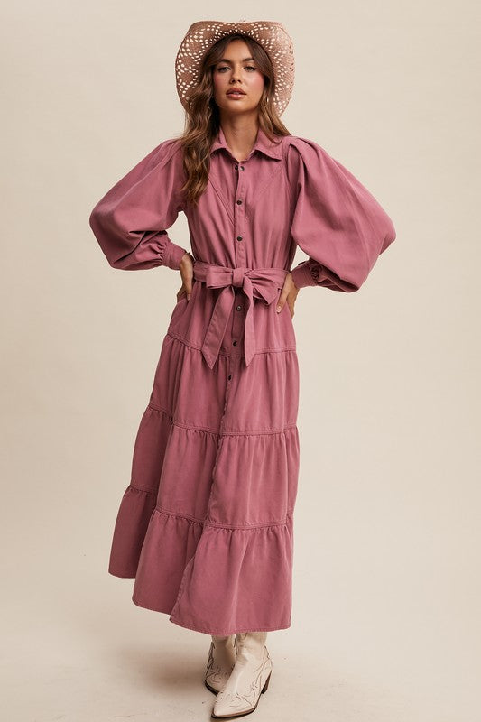 Rose tiered utility snap front maxi dress by Listicle, featuring a flowy silhouette and functional front snaps.