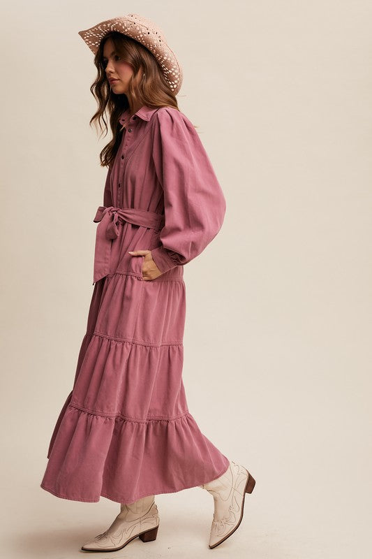 Rose tiered utility maxi dress with snap front from Listicle, featuring a relaxed fit and stylish design for casual wear.