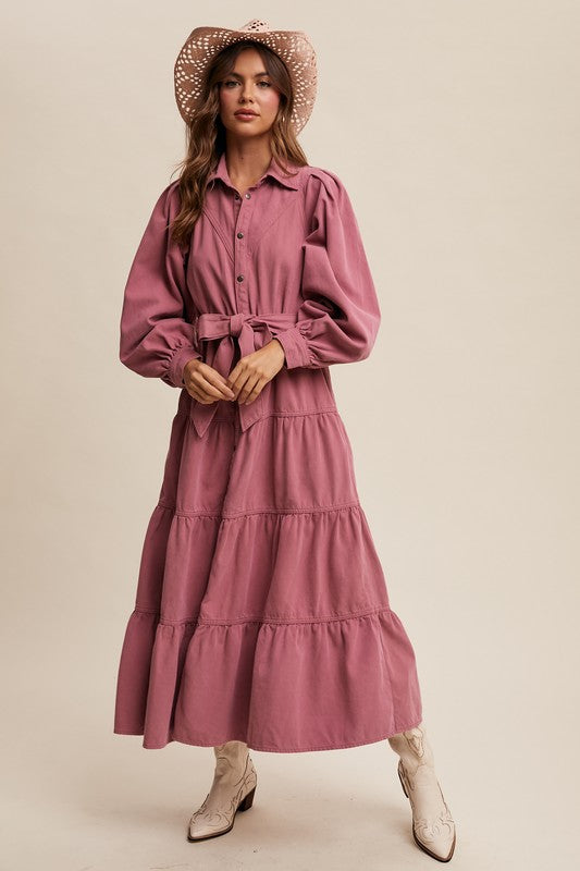 Rose tiered utility snap front maxi dress by Listicle, featuring a flowy silhouette and button details in a stylish summer dress.