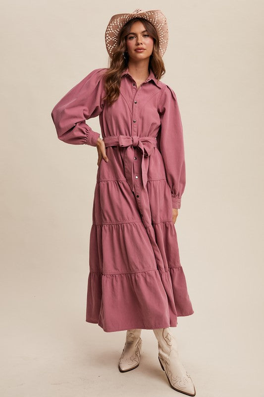 Rose tiered utility snap front maxi dress by Listicle, featuring a flowy silhouette and practical design details.