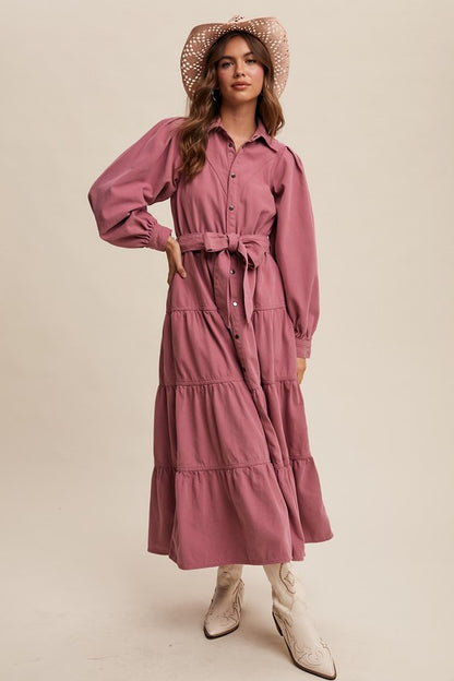 Rose tiered utility snap front maxi dress by Listicle, featuring a flowy silhouette and practical design details.