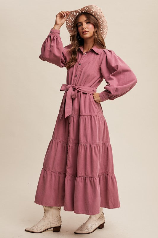 Rose tiered utility maxi dress with snap front by Listicle, featuring a flowing silhouette and casual style.
