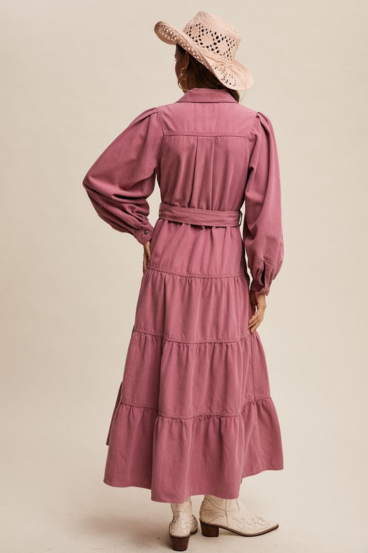Rose tiered utility snap front maxi dress by Listicle, featuring a flowing silhouette and button details in a vibrant rose color.