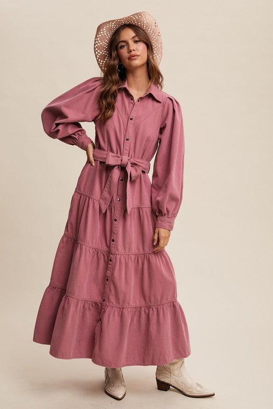 Rose tiered utility maxi dress with snap front from Listicle, featuring a flowing silhouette and stylish design.