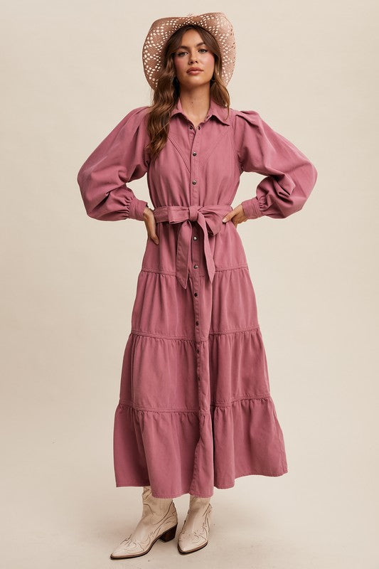 Rose tiered utility maxi dress with snap front from Listicle, featuring a flowy silhouette and functional pockets.