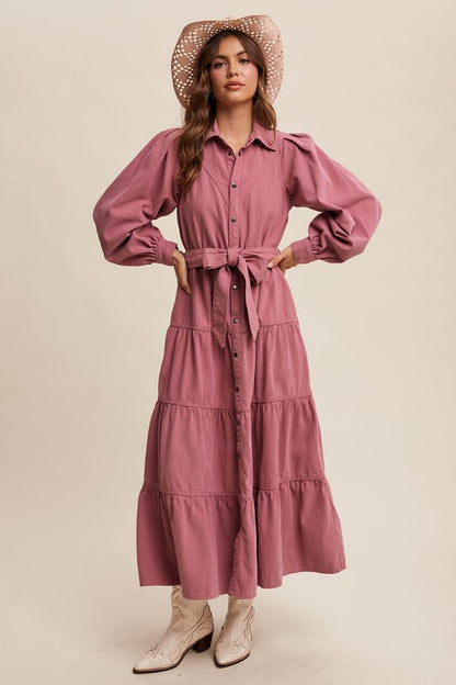 Rose tiered utility maxi dress with snap front from Listicle, featuring a flowy silhouette and functional pockets.