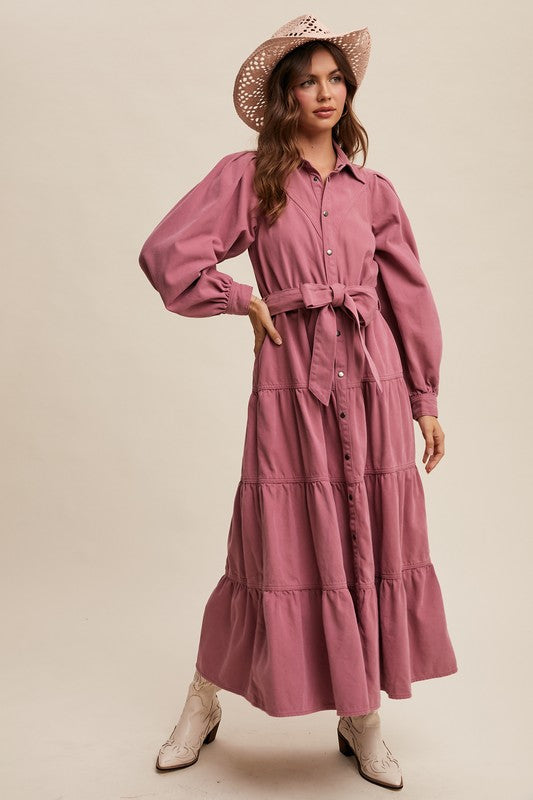 Rose tiered utility snap-front maxi dress by Listicle, featuring a flowing silhouette and functional front snaps.