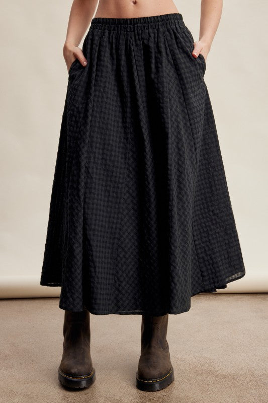 Deep green gingham maxi skirt with elastic waist and pockets