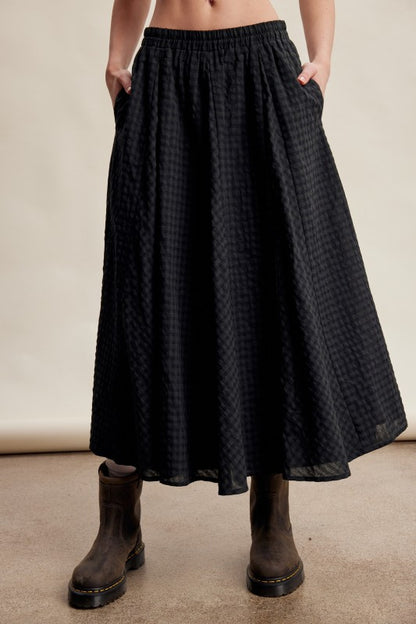 Deep green gingham maxi skirt front view