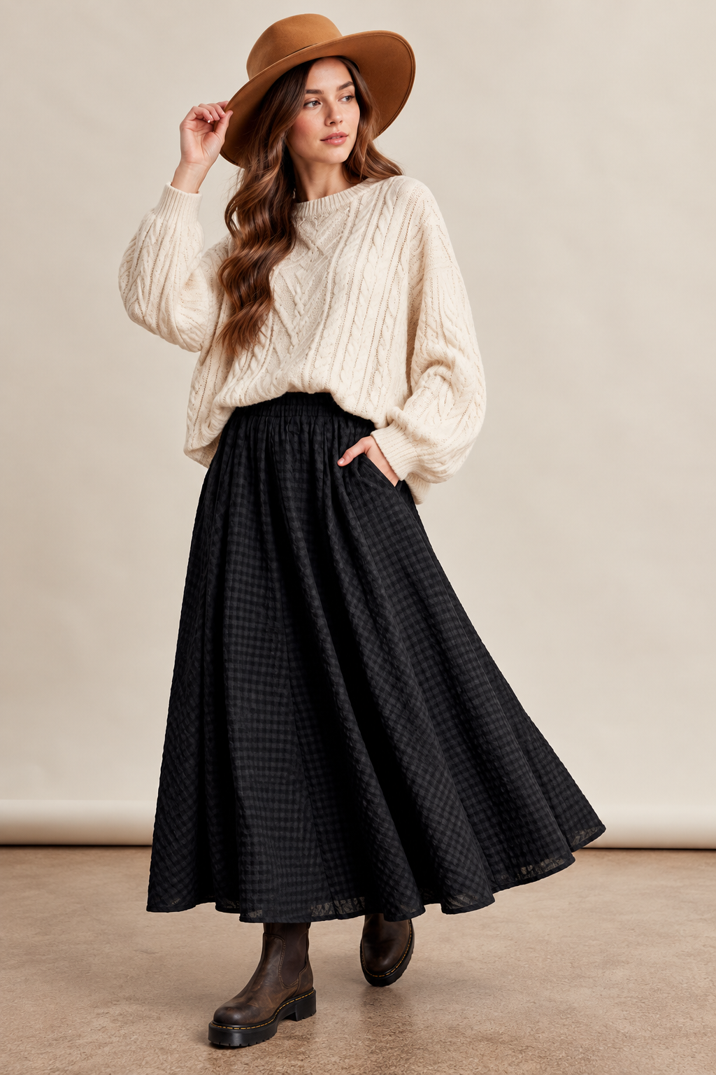 Listicle deep green textured gingham maxi skirt styled with ivory cable-knit sweater