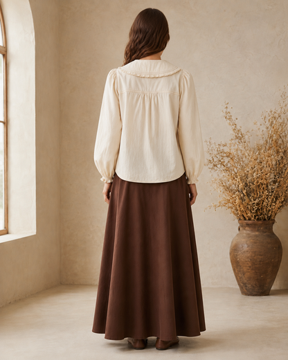 Cream contrast stitch Peter Pan collar long sleeve blouse from Listicle, featuring a stylish collar and neat stitching.