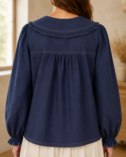 Navy long sleeve blouse with contrast stitch Peter Pan collar by Listicle, featuring a stylish, feminine design.