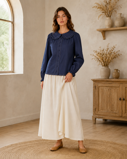Navy long sleeve blouse with contrast stitch Peter Pan collar by Listicle, featuring a stylish and feminine design.