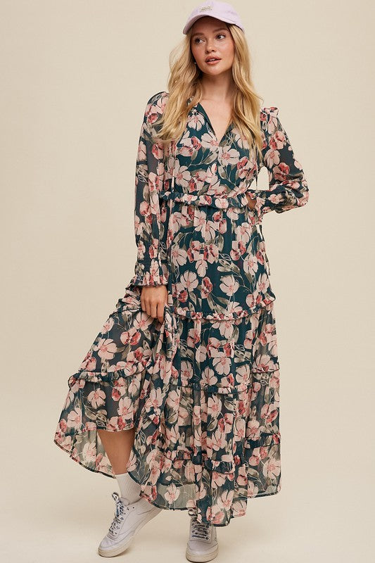 Hunter green floral maxi dress from Listicle with V-neck, ruffled tiers, and flowing silhouette, perfect for warm-weather wear.